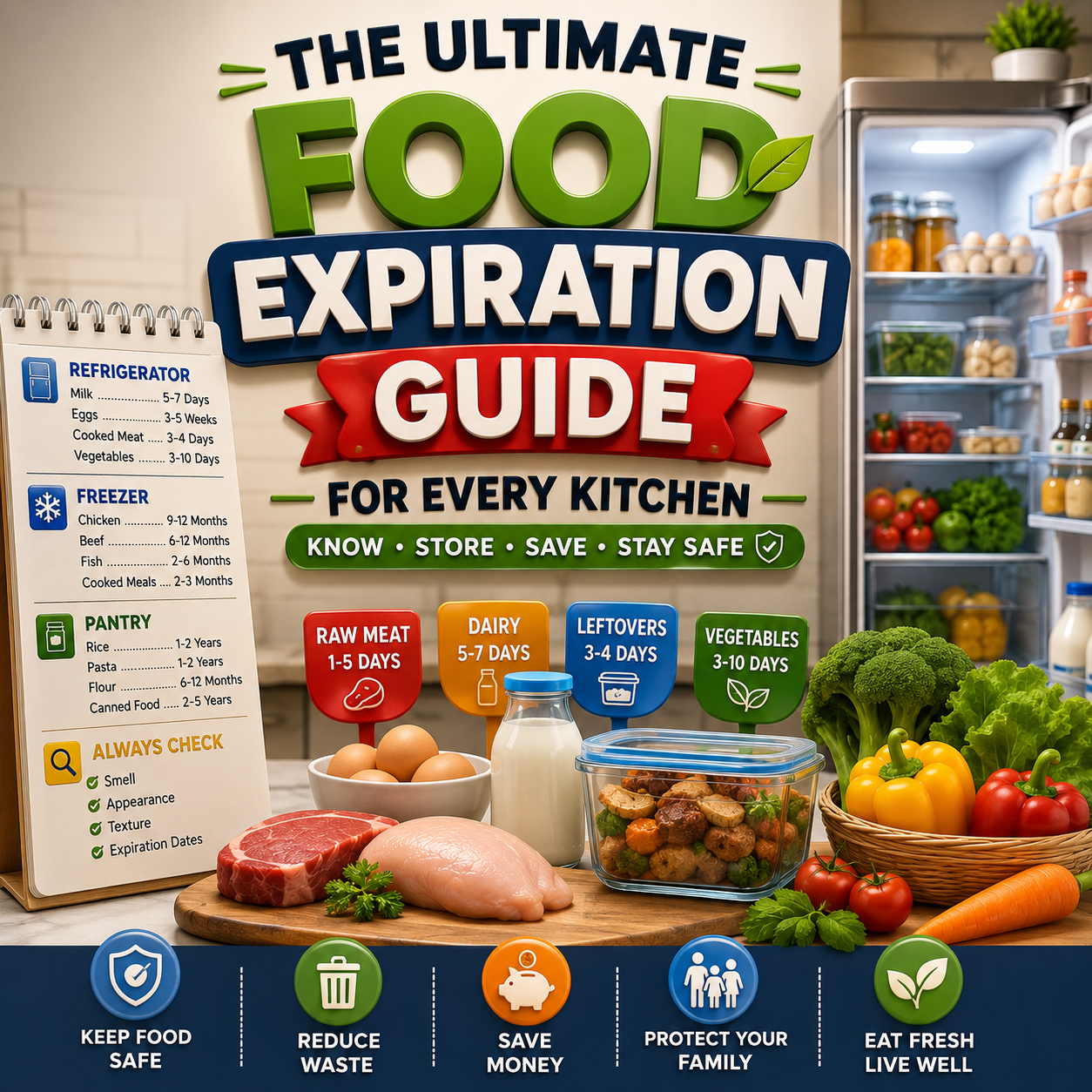This Food Expiration Guide explains everything every home cook should know about food shelf life, expiration labels, storage methods, refrigerator safety, freezer guidelines, and signs that food should be discarded. Whether you're stocking your pantry, organizing your refrigerator, or planning weekly meals, this guide will help you make informed decisions.