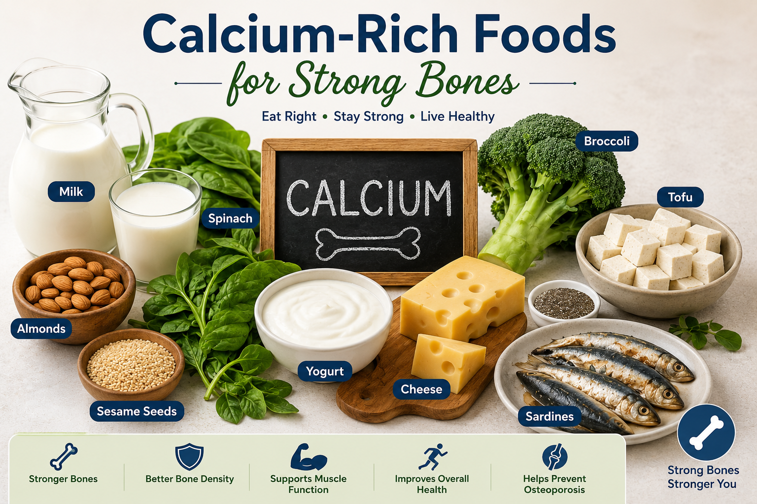 A bright calcium-rich foods illustration emphasizing strong bone nutrition.